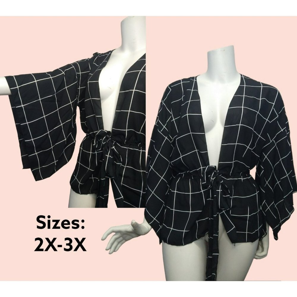 Light Open Cardigan Duster, Cover-up Size 2X-3X front tie bell sleeve kimono